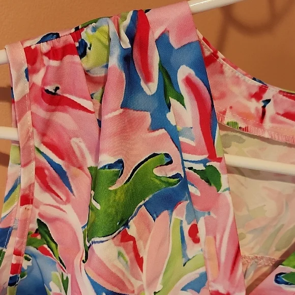 SHEIN Vibrant Floral V-Neck Blouse - Pink and Blue - Picture 2 of 5